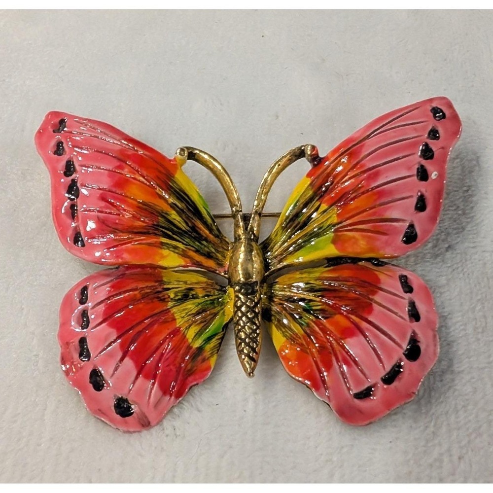 Vintage Hollycraft Pink Enamel Butterfly Brooch Gold Tone Pin Jewelry